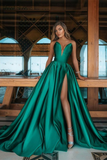 Emerald Green V-Neck Prom Dress Long With Split HZ1023
