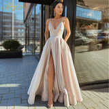 Llyge Sexy V Neck Satin Evening Dresses Spaghetti Strap Side Slit Prom Dress High Waist Evening Gowns Party Dress HZ1023