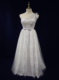 Beautiful Light Grey One Shoulder Lace-Up Bridesmaid Dress, Lovely Grey Party Dress HZ1023