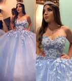 Prom Dresses New Blue Quinceanera Dresses Ball Gown Sweetheart Lace Appliques Crystal Beaded 3D Floral Flowers Sweet 16 Party Prom Dress Evening Gowns HZ1023