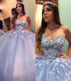 Prom Dresses New Blue Quinceanera Dresses Ball Gown Sweetheart Lace Appliques Crystal Beaded 3D Floral Flowers Sweet 16 Party Prom Dress Evening Gowns HZ1023