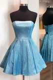 Shiny Strapless Blue Short Prom Dresses, Open Back Blue Homecoming Dresses, Blue Formal Evening Dresses HZ1023
