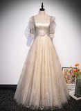 Light Champagne Short Sleeves Tulle Long Formal Dress, A-Line Floor Length Party Dresses HZ1023