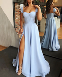 High Slit Sweetheart Prom Dresses Satin Spaghetti Straps HZ1023