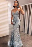 Mermaid V-Neck Silver Long Prom Dress with Open Back HZ1023