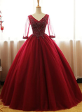 Wine Red 1/2 Sleeves Tulle Formal Gown Long Party Dress HZ1023