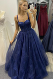 Blue tulle seequins long prom dress A line evening HZ1023