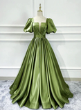 Green Satin Short Sleeves Long Evening Party Dresses, Green Formal Party Dresses HZ1023