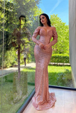 Elegant V-Neck Split Long sleeves Mermaid Prom Dress With Sequins HZ1023