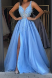 Sky Blue Prom Dress with Slit, Evening Dress, Formal Dresses HZ1023