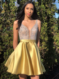 A Line V Neck Short Yellow Beaded Prom Dresses, Short Yellow Beaded Formal Homecoming Dresses HZ1023