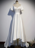 White Simple Beaded Short Sleeves High Low Wedding Party Dress, White Party Dress HZ1023