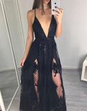 Sexy Prom Dress,Black Deep V Neck Prom Dress,Lace Evening Dress,Sleeveless Evening Party Dress HZ1023