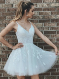 A Line V Neck Short White Lace Prom Dresses, Short White Lace Formal Homecoming Dresses HZ1023