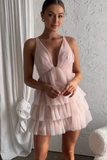 A Line Pink V Neck Short Homecoming Dress Cute School Party Dresses HZ1023