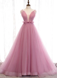 Charming Pink V-Neckline Straps Tulle Long Evening Dress, Pink Prom Dress HZ1023