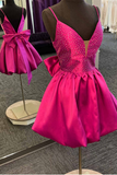 Magenta Beaded V-Neck Bow Back A-Line Short Homecoming Dress HZ1023