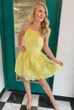 Backless Short Lace Appliques Prom Dresses,A Line Yellow Graduation Homecoming Dresses,Cocktail Dress HZ1023