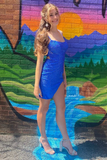 Royal Blue Beaded Lace-Up Mini Cocktail Dress with Slit HZ1023