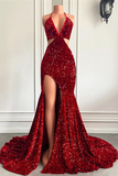 Burgundy backless sequined slit mermaid ball gown evening dress party dress HZ1023