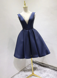 Elegant Beaded V-Neckline Satin Navy Blue Dress, Short Bridesmaid Dress HZ1023