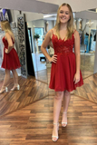Wine Red Appliques Spaghetti Straps A-Line Short Homecoming Dress HZ1023