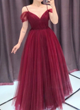 Wine Red Straps Off Shoulder A-Line Tulle Evening Dress Party Dress, Dark Red Prom Dress Formal Gown HZ1023