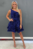 One-Shoulder Royal Blue Sequins A-Line Short Homecoming Dress HZ1023