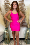 Hot Pink V-Neck Lace-Up Bodycon Mini Party Dress HZ1023
