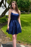 Dark Blue Sequins Spaghetti Straps A-Line Short Homecoming Dress HZ1023