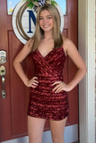 Burgundy Sequins V-Neck Mini Homecoming Dress HZ1023