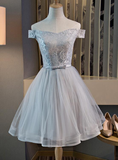 Cute Off The Shoulder Lace And Tulle Knee Length Party Dress, Homecoming Dress HZ1023