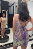 Purple Iridescent Sequin Lace-Up Bodycon Mini Homecoming Dress HZ1023