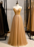 Champagne Sequins Tulle Straps Long Evening Dress Party Dress, Sweetheart Prom Dress HZ1023