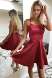 Cute Backless Burgundy Satin Short Prom Homecoming Dress,Backless Burgundy Formal Graduation Evening Dress HZ1023