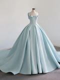 Blue satin long prom dress, blue sweet 16 dress HZ1023