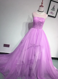 Glam Light Purple Tulle High Low Beaded Layers Party Dress, Formal Dress HZ1023