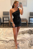 Black Sequins One-Shoulder Short Fitted Homecoming Dress HZ1023