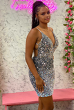 Silver Sequin V-Neck Backless Mini Homecoming Dress HZ1023