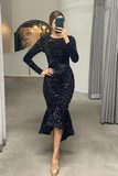 Long Sleeves Mermaid Sequins Prom Dress Online With Belt HZ1023