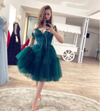 Cute green beaded tulle homecoming dresses ties straps mini prom evening dresses HZ1023