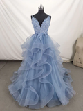 Beautiful Blue Straps Tulle Layers Long Party Dresses, Blue Evening Dresses Prom dress HZ1023
