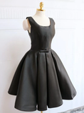 Black Satin Knee Length Party Dress Black Backless Evening Dress HZ1023