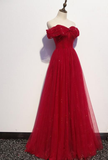 Beautiful Dark Red A-Line Off Shoulder Prom Gown, Wine Red Party Dress HZ1023