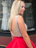Red Beaded Satin Homecoming Dresses With Pocket Short Prom Dresses HZ1023