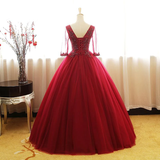 Wine Red 1/2 Sleeves Tulle Formal Gown Long Party Dress HZ1023