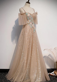 Charming Champagne Tulle And Sequins Long Party Dress, A-Line Prom Dress HZ1023
