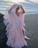 Abmyl Baby Pink Organza Prom Dresses Short Puff Sleeves Ruffles Prom Party Gowns Slit Princess Formal Women Party Dresses HZ1023