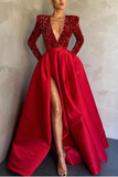 Deep V-Neck Long Sleeves Mermaid Prom Dress Split With Sequins HZ1023