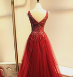 Charming V-Neckline Tulle Beaded Prom Gown, Evening Dresses HZ1023